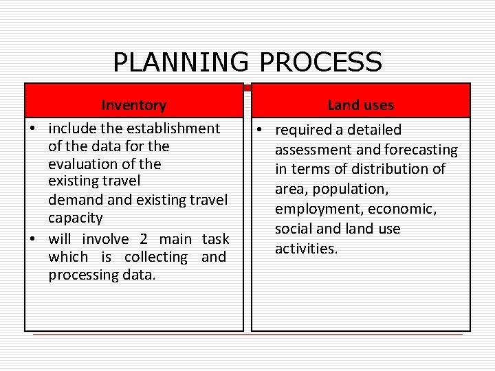 PLANNING PROCESS Inventory • include the establishment of the data for the evaluation of