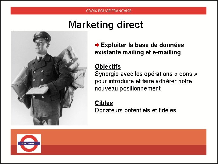 Marketing direct Exploiter la base de données existante mailing et e-mailling Objectifs Synergie avec