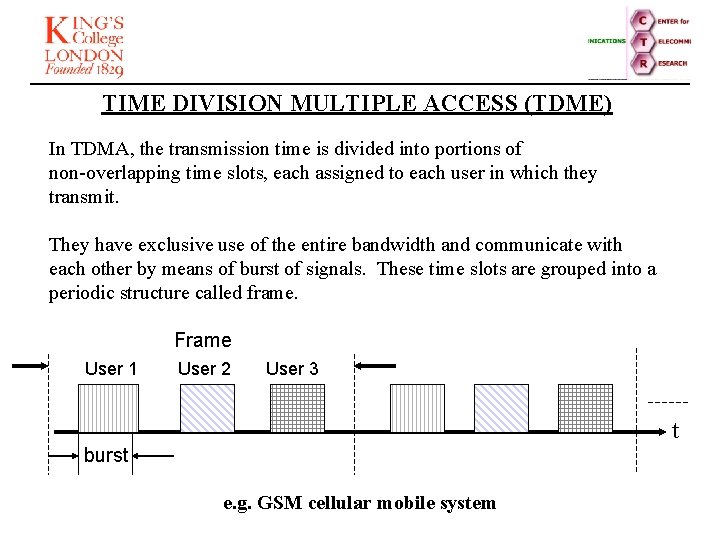 TIME DIVISION MULTIPLE ACCESS (TDME) In TDMA, the transmission time is divided into portions
