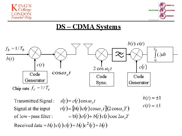 DS – CDMA Systems Code Generator Chip rate Code Sync. Code Generator 