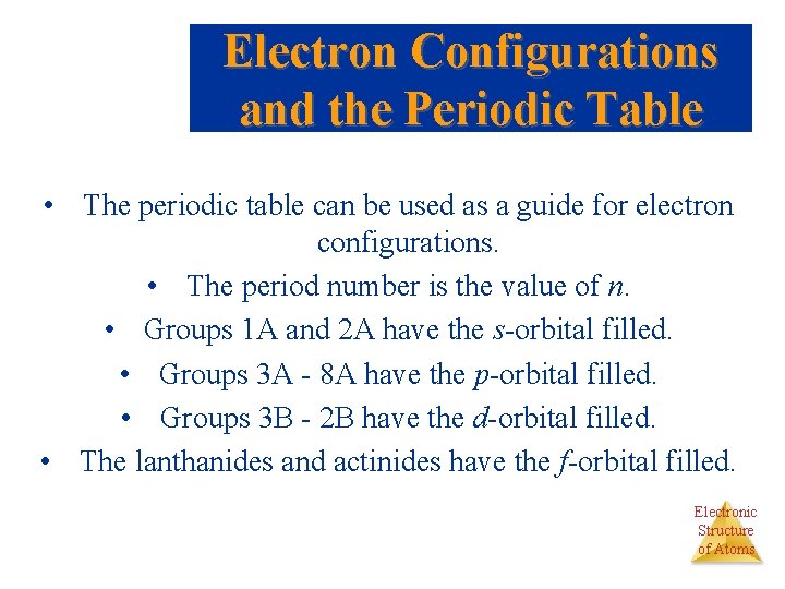 Electron Configurations and the Periodic Table • The periodic table can be used as