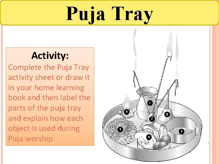 Puja Tray Activity: Complete the Puja Tray activity sheet or draw it in your