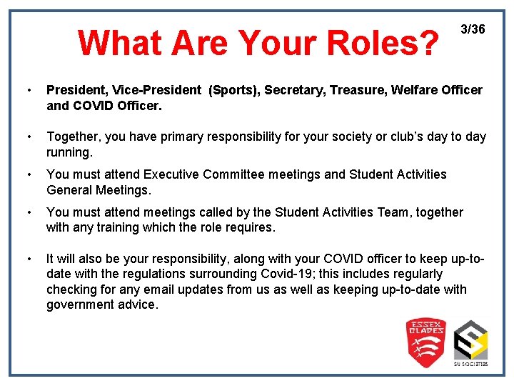 What Are Your Roles? 3/36 • President, Vice-President (Sports), Secretary, Treasure, Welfare Officer and
