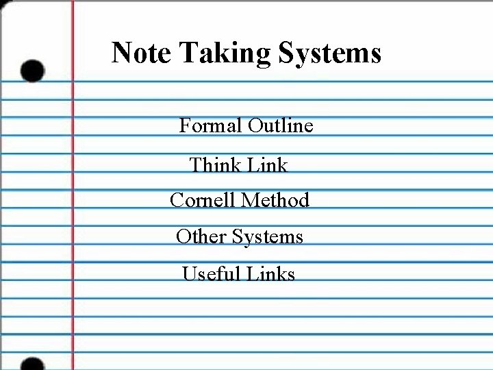 Note Taking Systems Formal Outline Think Link Cornell Method Other Systems Useful Links 