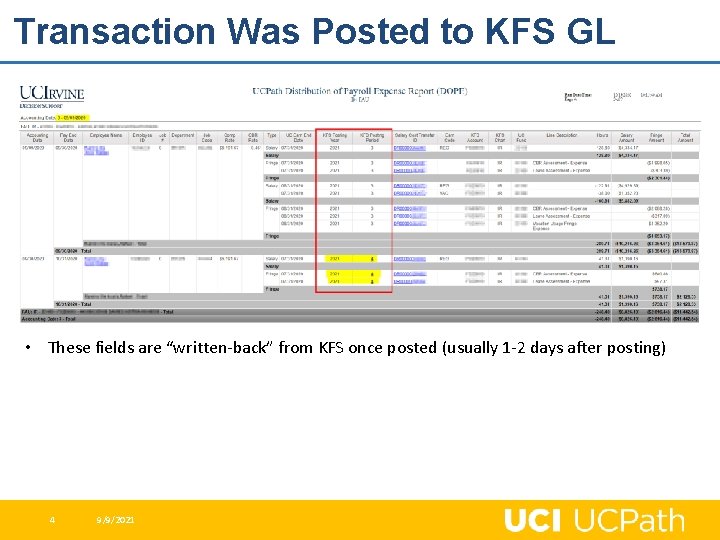 Transaction Was Posted to KFS GL • These fields are “written-back” from KFS once