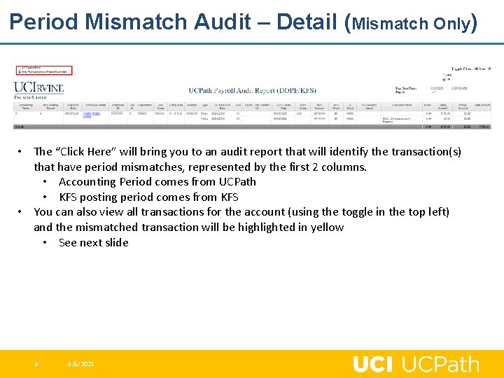 Period Mismatch Audit – Detail (Mismatch Only) • The “Click Here” will bring you