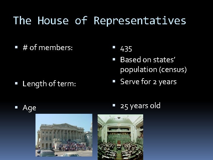 The House of Representatives # of members: Length of term: 435 Based on states’