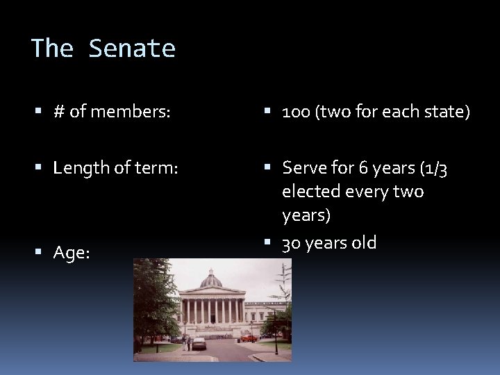 The Senate # of members: 100 (two for each state) Length of term: Serve