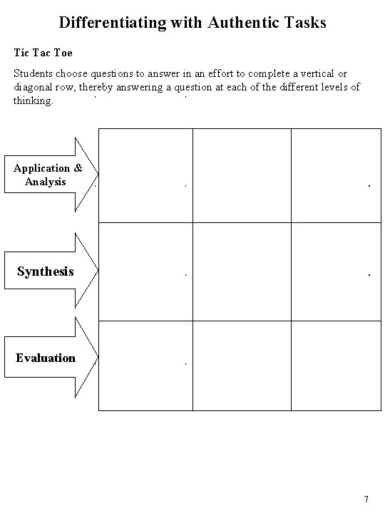 Differentiating with Authentic Tasks Tic Tac Toe Students choose questions to answer in an