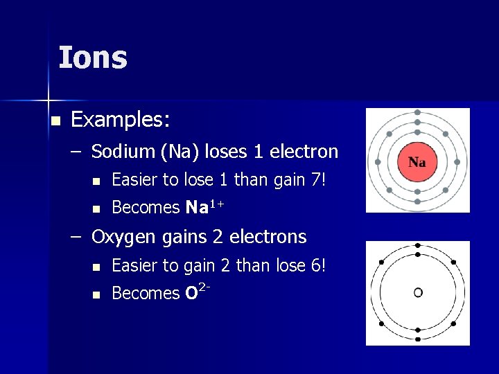 Ions n Examples: – Sodium (Na) loses 1 electron n Easier to lose 1