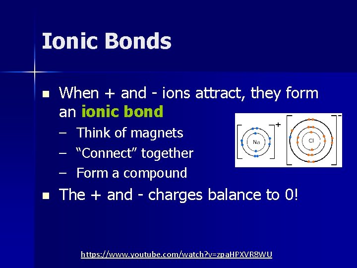 Ionic Bonds n When + and - ions attract, they form an ionic bond