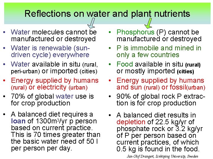 Reflections on water and plant nutrients • Water molecules cannot be manufactured or destroyed
