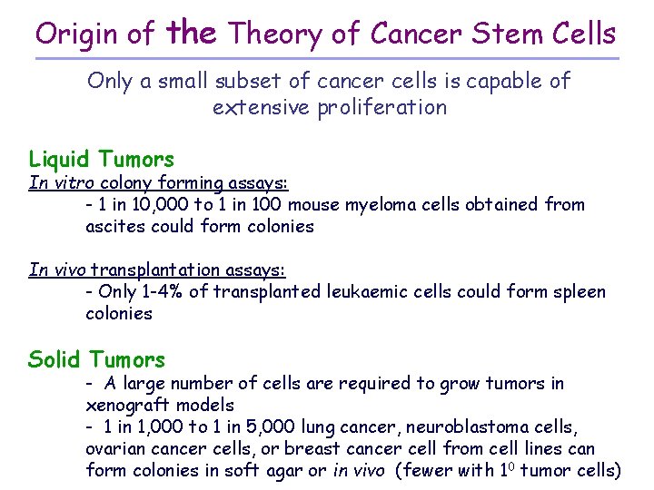 Origin of the Theory of Cancer Stem Cells Only a small subset of cancer