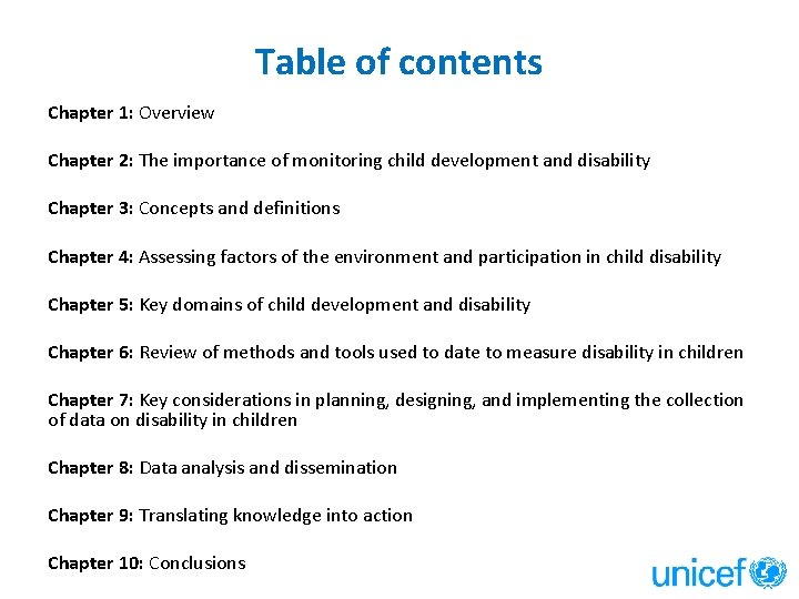 Table of contents Chapter 1: Overview Chapter 2: The importance of monitoring child development