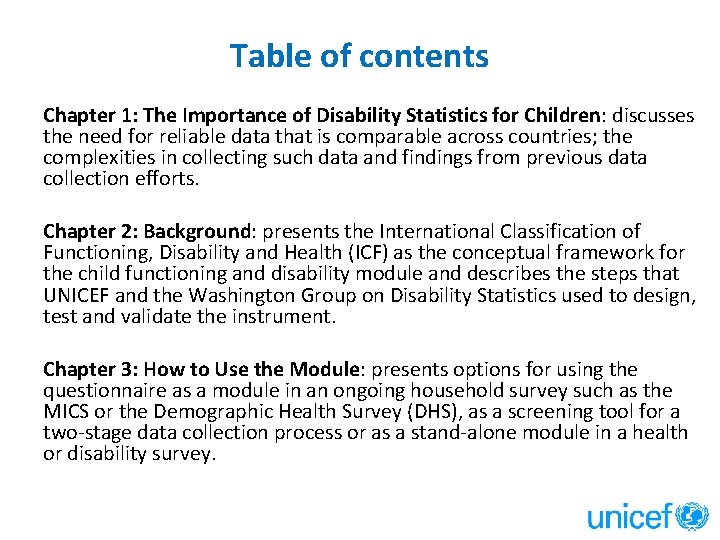 Table of contents Chapter 1: The Importance of Disability Statistics for Children: discusses the