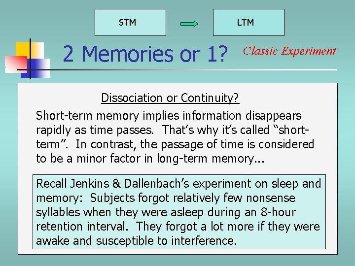 STM 2 Memories or 1? LTM Classic Experiment Dissociation or Continuity? Short-term memory implies
