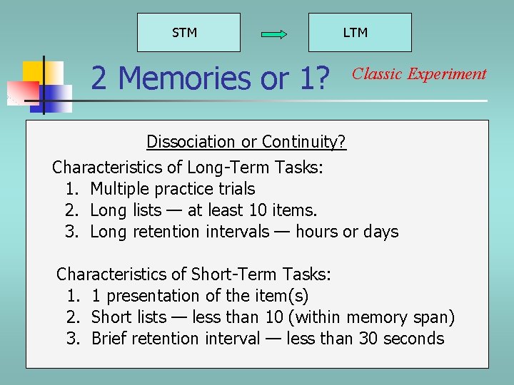 STM 2 Memories or 1? LTM Classic Experiment Dissociation or Continuity? Characteristics of Long-Term