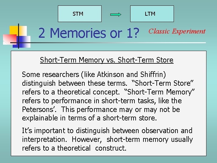 STM 2 Memories or 1? LTM Classic Experiment Short-Term Memory vs. Short-Term Store Some