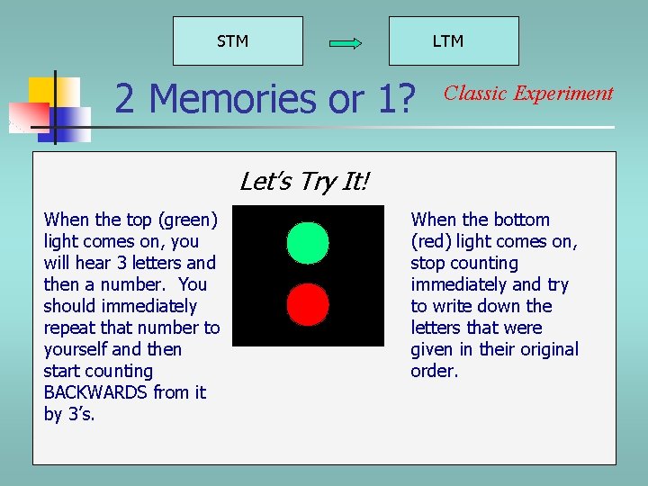 STM LTM 2 Memories or 1? Classic Experiment Let’s Try It! When the top