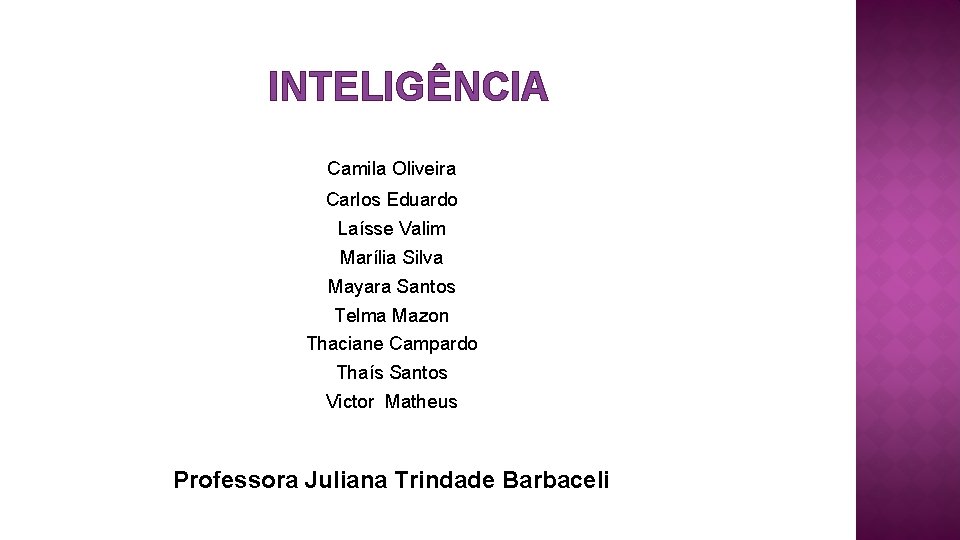 INTELIGÊNCIA Camila Oliveira Carlos Eduardo Laísse Valim Marília Silva Mayara Santos Telma Mazon Thaciane