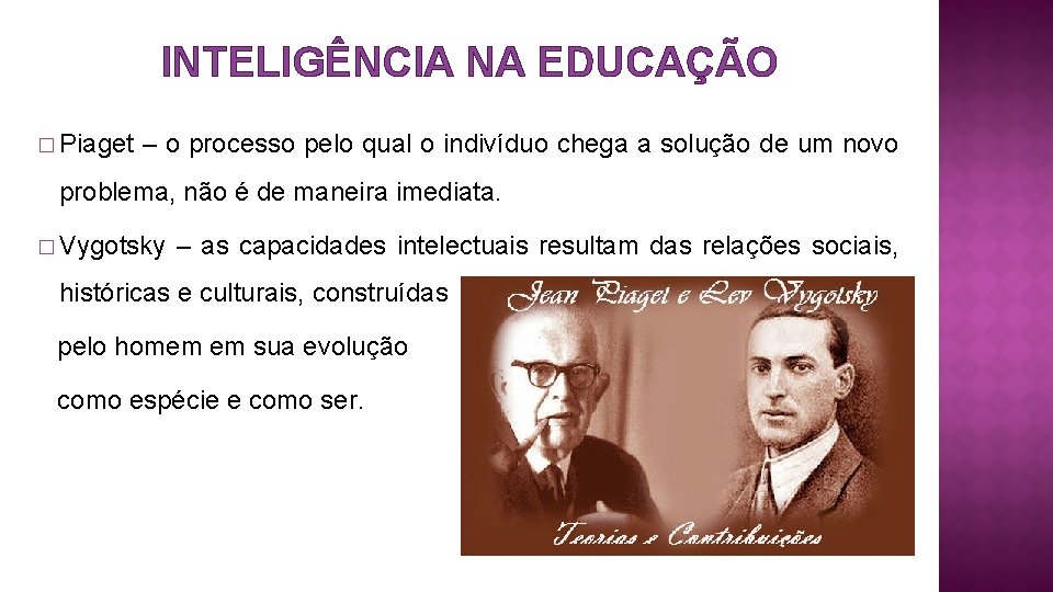 INTELIGÊNCIA NA EDUCAÇÃO � Piaget – o processo pelo qual o indivíduo chega a