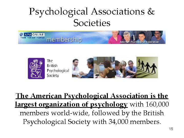 Psychological Associations & Societies The American Psychological Association is the largest organization of psychology