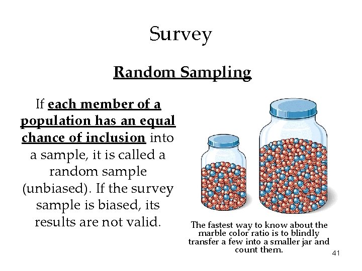 Survey Random Sampling If each member of a population has an equal chance of