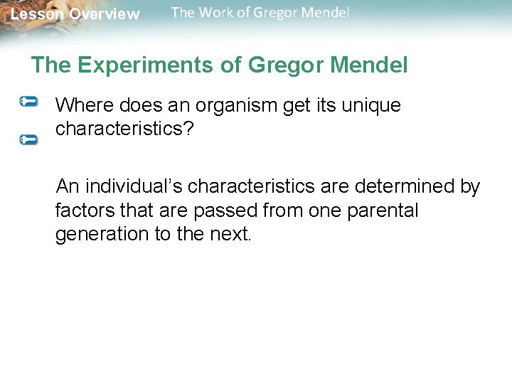 Lesson Overview The Work of Gregor Mendel The Experiments of Gregor Mendel Where does