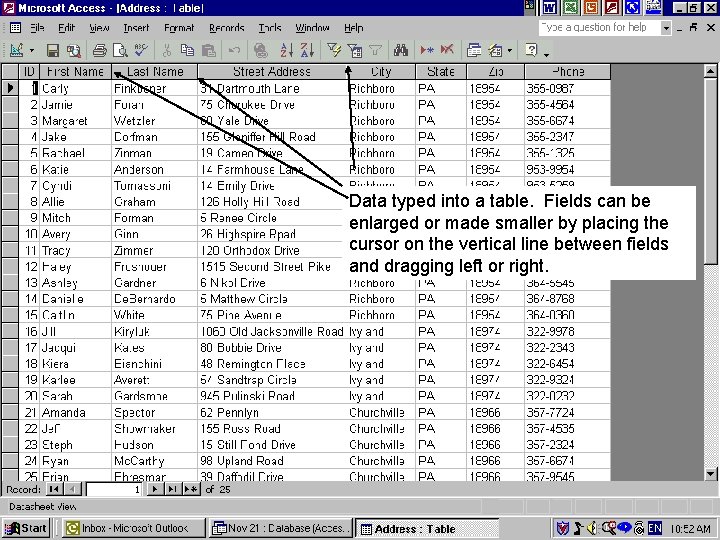 Data typed into a table. Fields can be enlarged or made smaller by placing