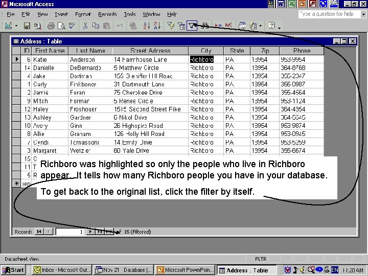 Richboro was highlighted so only the people who live in Richboro appear. It tells