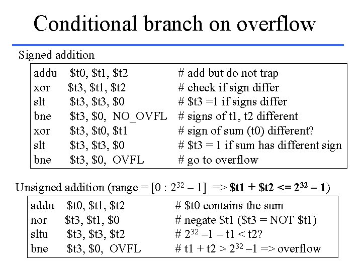 Conditional branch on overflow Signed addition addu $t 0, $t 1, $t 2 #