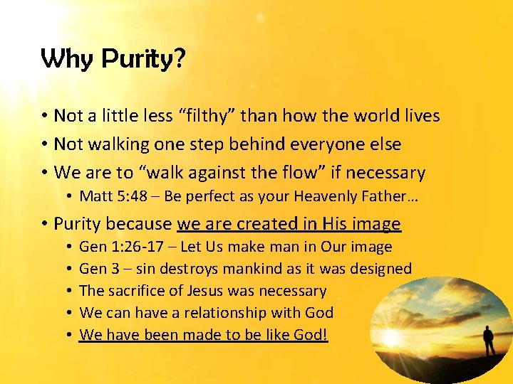 Why Purity? • Not a little less “filthy” than how the world lives •