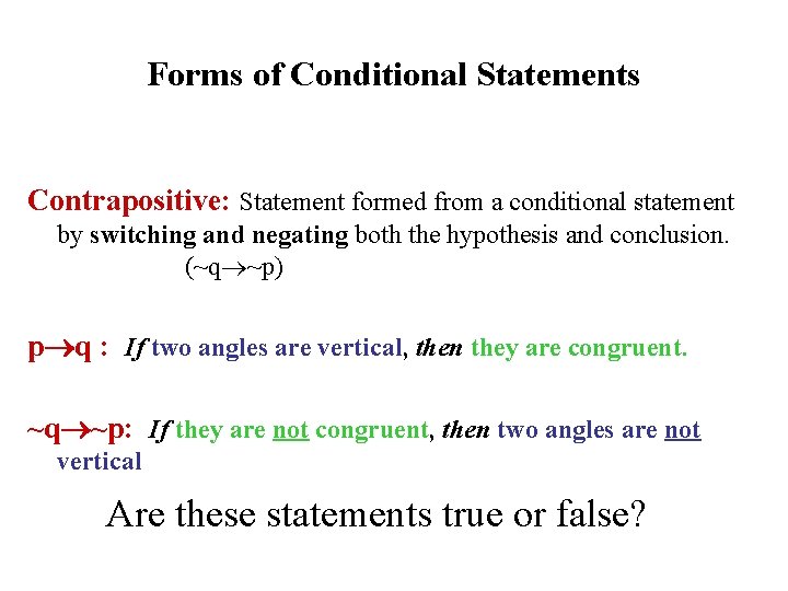 Forms of Conditional Statements Contrapositive: Statement formed from a conditional statement by switching and Forms of Conditional Statements Contrapositive: Statement formed from a conditional statement by switching and