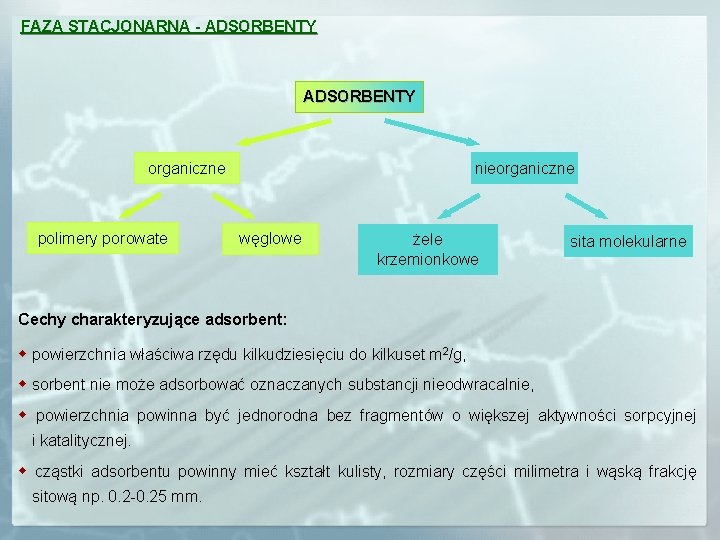 FAZA STACJONARNA - ADSORBENTY organiczne polimery porowate nieorganiczne węglowe żele krzemionkowe sita molekularne Cechy