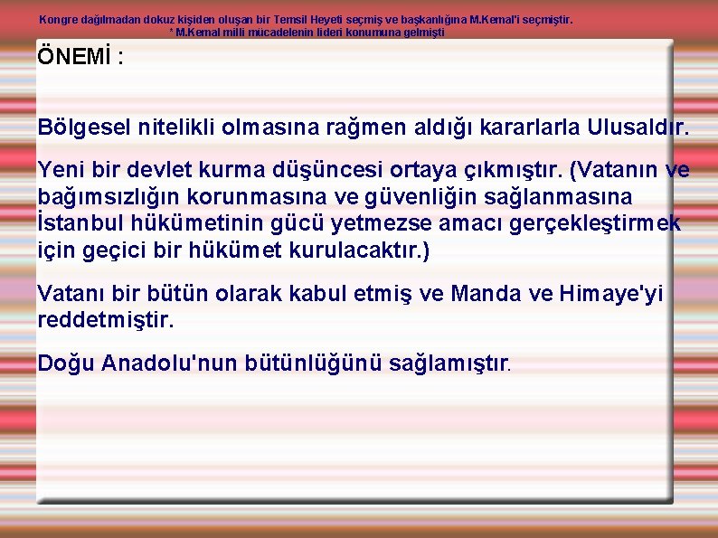 Kongre dağılmadan dokuz kişiden oluşan bir Temsil Heyeti seçmiş ve başkanlığına M. Kemal'i seçmiştir.