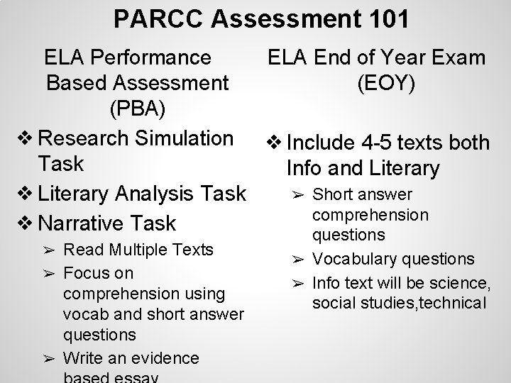 PARCC Assessment 101 ELA Performance ELA End of Year Exam Based Assessment (EOY) (PBA)