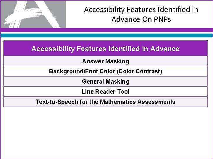 Accessibility Features Identified in Advance On PNPs Accessibility Features Identified in Advance Answer Masking