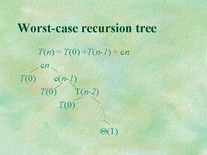 Worst-case recursion tree T(n) = T(0) +T(n-1) + cn cn T(0) c(n-1) T(0) T(n-2)