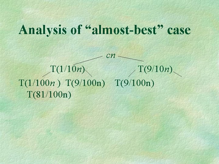 Analysis of “almost-best” case cn T(1/10 n) T(1/100 n ) T(9/100 n) T(81/100 n)