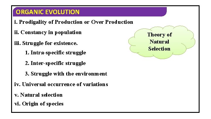 ORGANIC EVOLUTION i. Prodigality of Production or Over Production ii. Constancy in population iii.