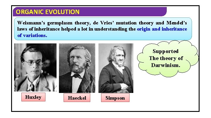 ORGANIC EVOLUTION Weismann’s germplasm theory, de Vries’ mutation theory and Mendel’s laws of inheritance