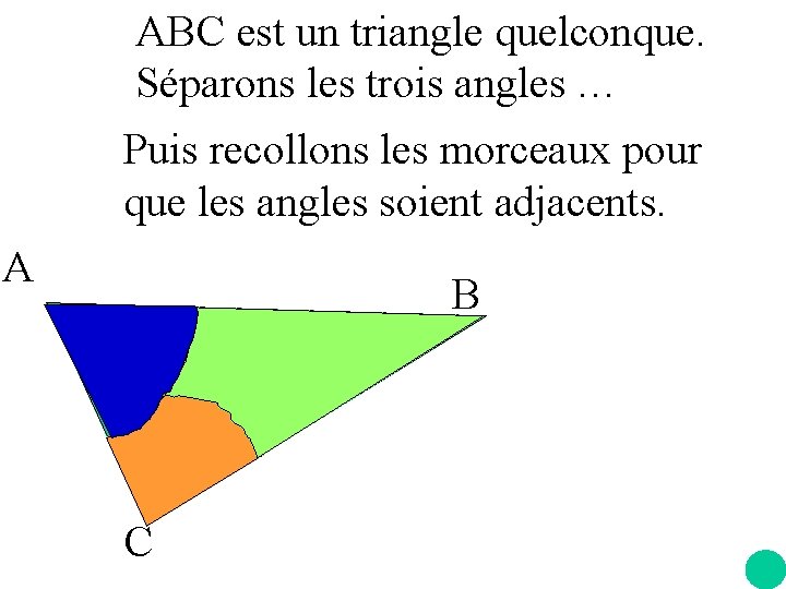 ABC est un triangle quelconque. Séparons les trois angles … Puis recollons les morceaux