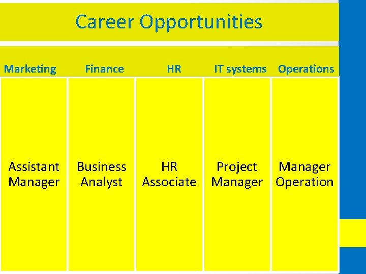 Career Opportunities Marketing Assistant Manager Finance Business Analyst HR HR Associate IT systems Operations