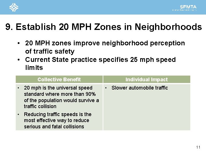 9. Establish 20 MPH Zones in Neighborhoods • 20 MPH zones improve neighborhood perception