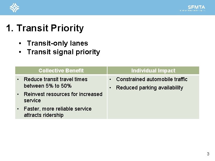 1. Transit Priority • Transit-only lanes • Transit signal priority Collective Benefit • Reduce