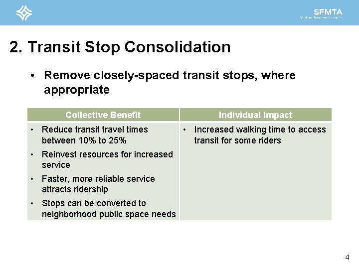 2. Transit Stop Consolidation • Remove closely-spaced transit stops, where appropriate Collective Benefit Individual