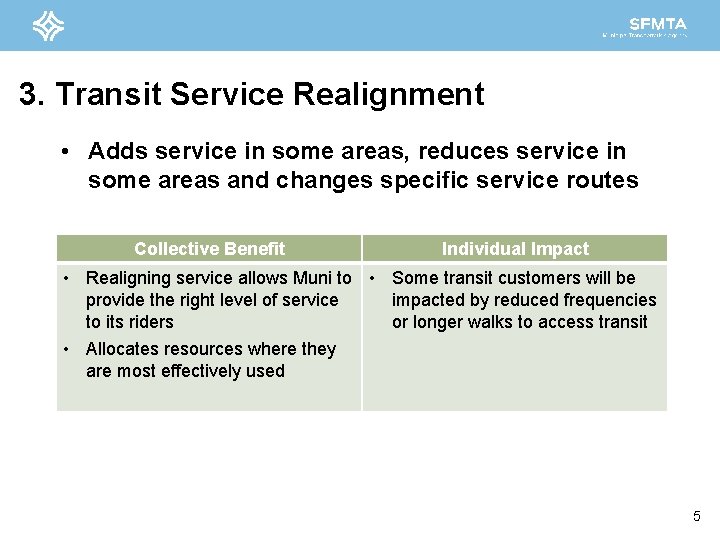 3. Transit Service Realignment • Adds service in some areas, reduces service in some