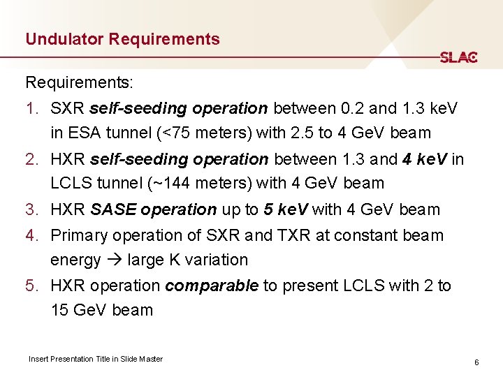 Undulator Requirements: 1. SXR self-seeding operation between 0. 2 and 1. 3 ke. V