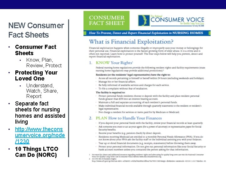 NEW Consumer Fact Sheets • • Know, Plan, Review, Protecting Your Loved One •