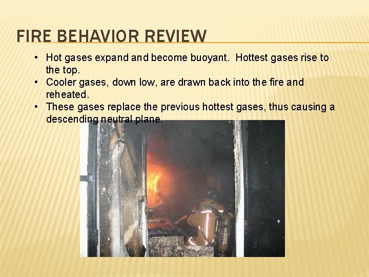 FIRE BEHAVIOR REVIEW • Hot gases expand become buoyant. Hottest gases rise to the